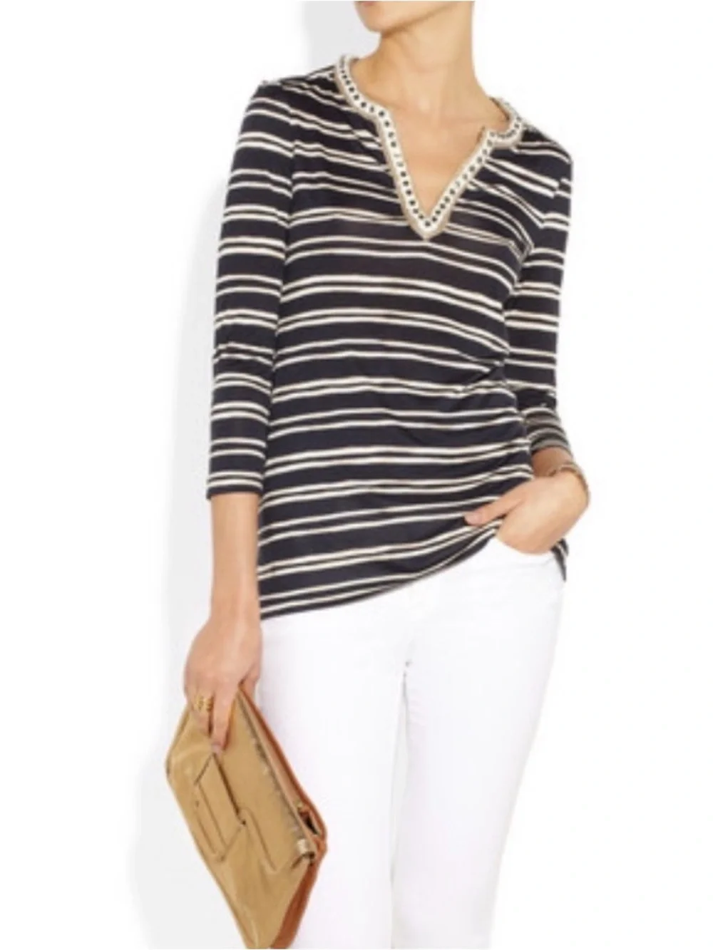 Tory Burch Evan Silk Striped Navy & Cream Tunic Size Medium